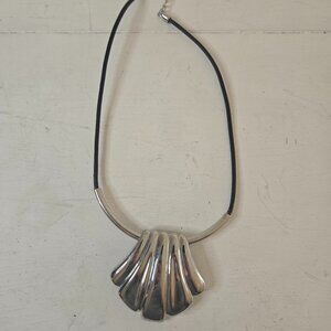 Chico's Black String Cord Necklace with Silver Shell Pendant